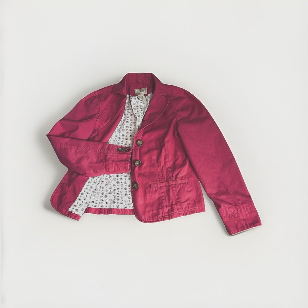 LL Bean Fitted Blazer Sz10 Raspberry Cotton Floral Lining Coastal Preppy Career